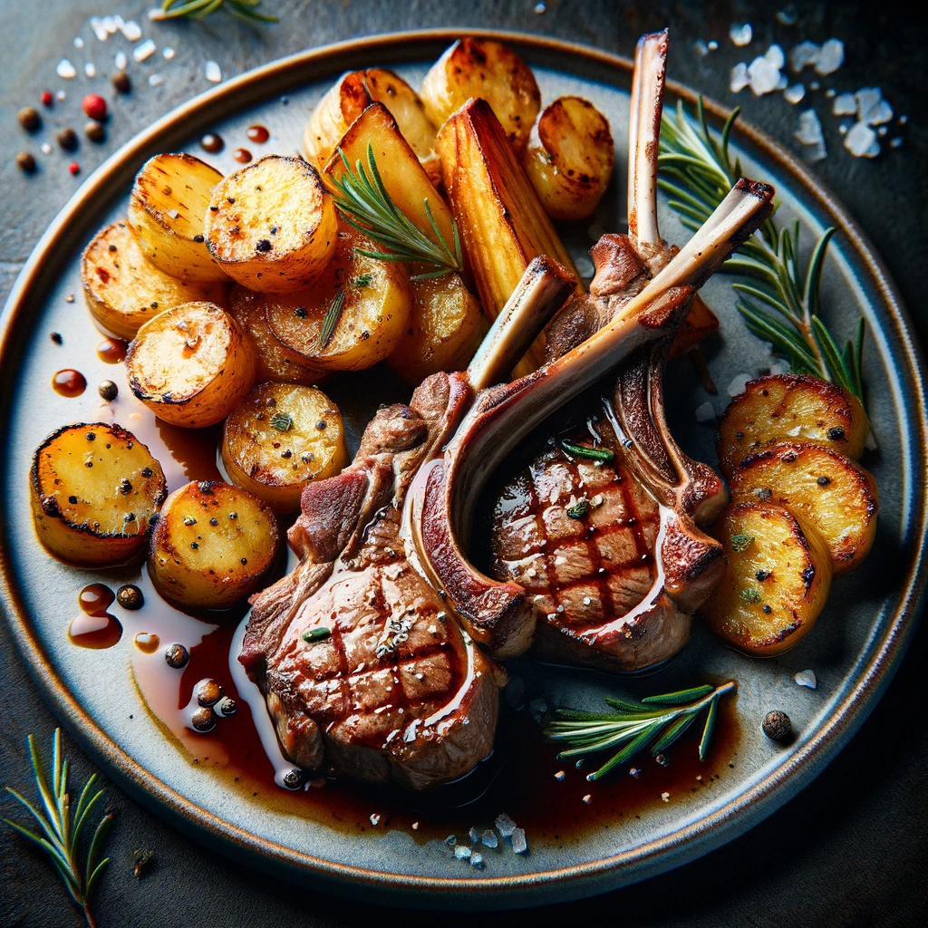 DALL·E 2023-12-15 16.36.14 - An image of a gourmet dish featuring lamb chops and roast potatoes. The plate showcases succulent, perfectly grilled lamb chops, arranged elegantly. T