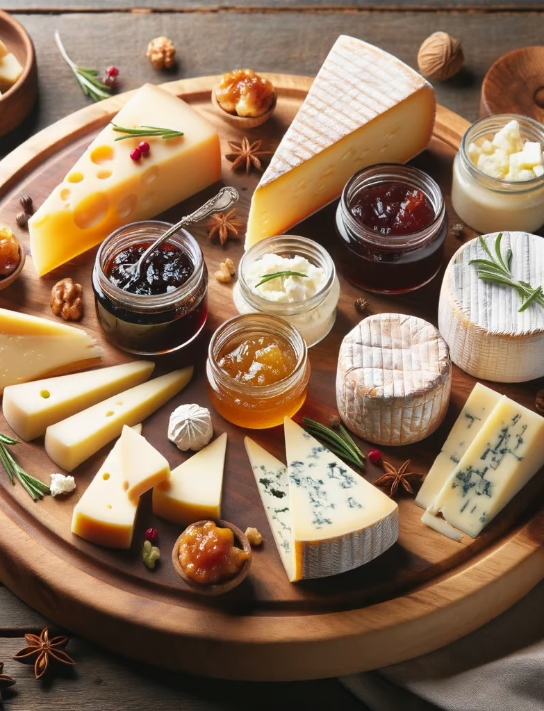 DALL·E-2023-12-15-18.04.10-A-cheese-board-featuring-Pecorino-Parmigiano-Reggiano-Emmenthal-and-Gorgonzola-arranged-in-a-visually-appealing-way.-Include-small-jars-of-various copia