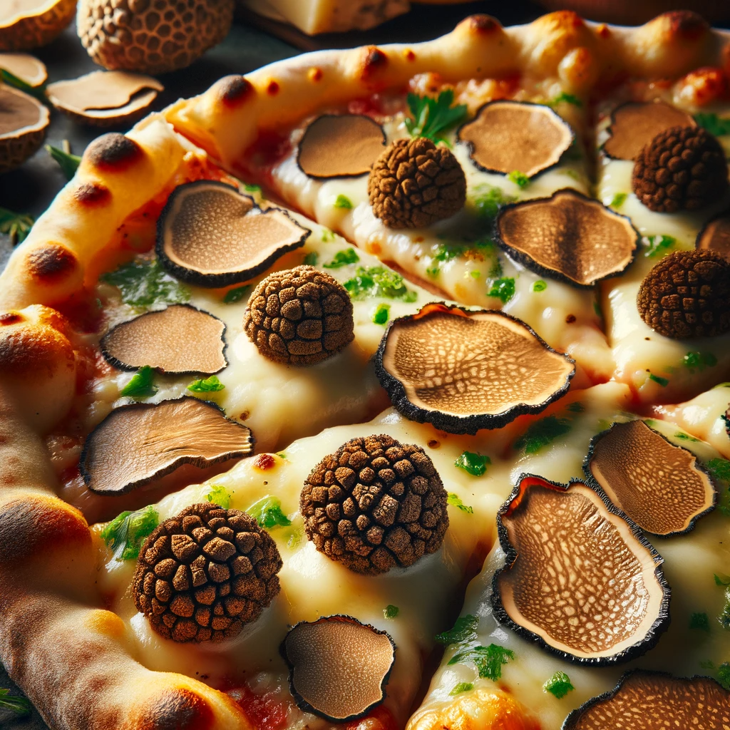 DALL·E 2023-12-19 01.24.51 - An extreme close-up image showcasing several slices of gourmet pizza, each richly topped with truffles. The focus is on the luxurious combination of t