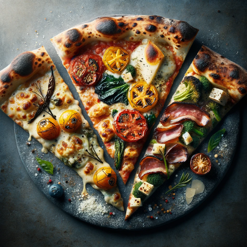 DALL·E 2023-12-19 01.43.27 - An image showing three slices of gourmet wood-fired pizza, each with different upscale toppings, representing a fine dining tasting experience. One sl